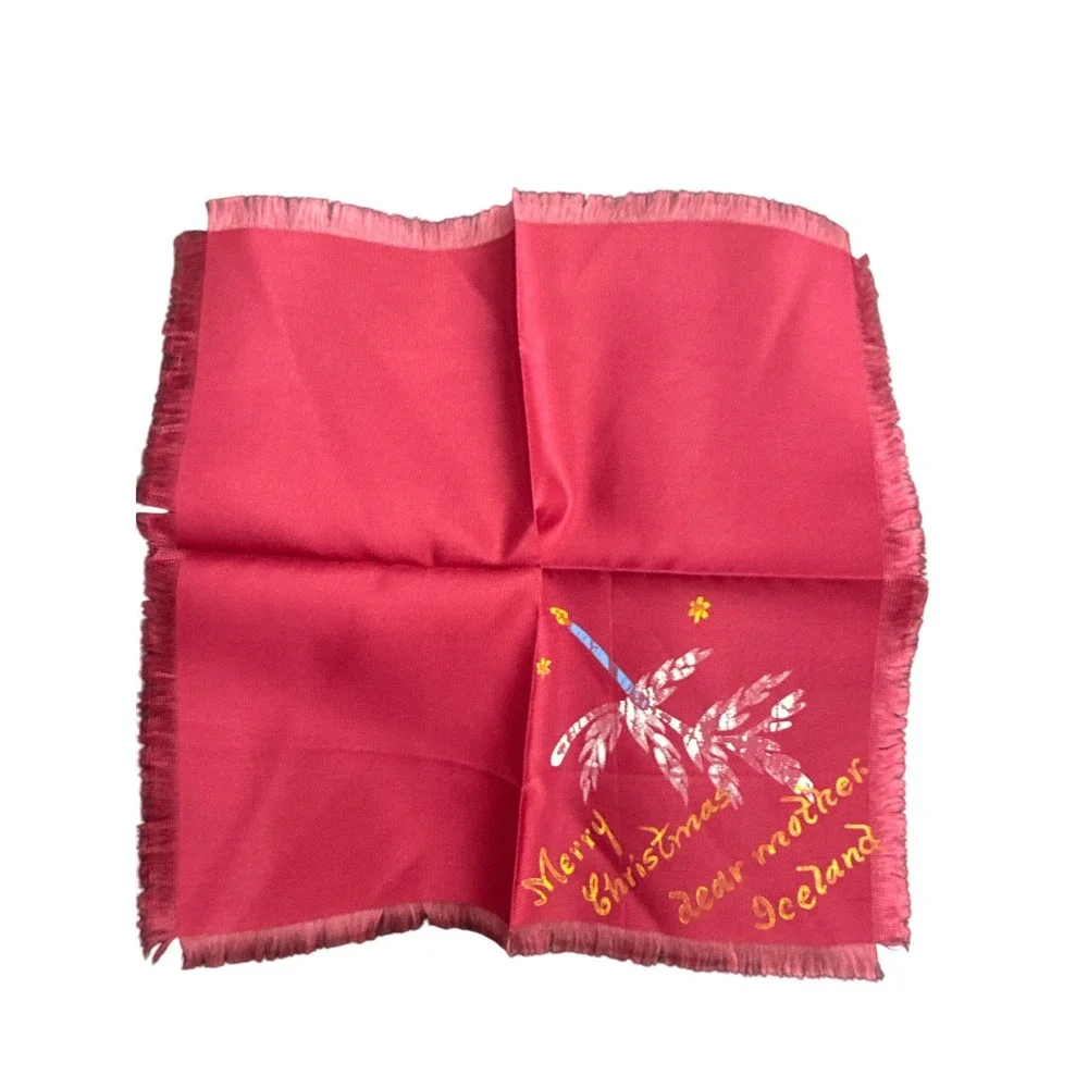 Vintage Christmas Handkerchief Napkin Cloth‎ Fringed Dear Mother Iceland Noted